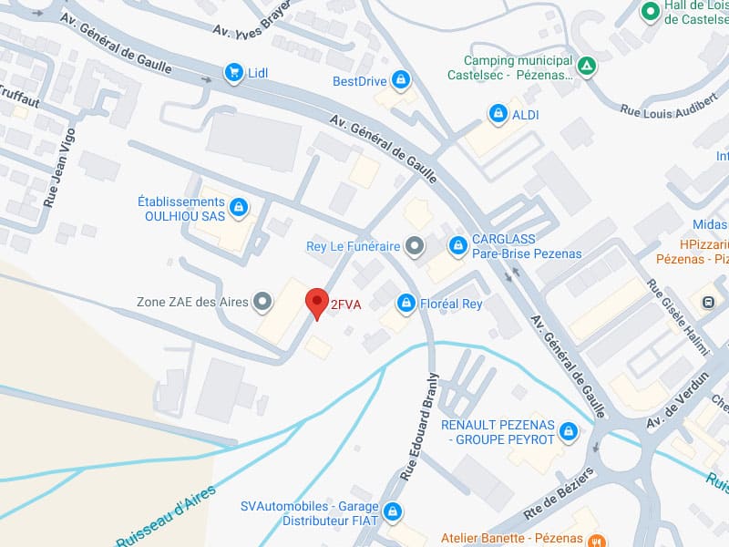 Carte 2FVA Pézenas : ZAE des Aires, Oulhiou, Rey Carte de la zone ZAE des Aires à Pézenas, France, localisant l'entité 2FVA près de Rey Le Funéraire et des Établissements Oulhiou SAS.