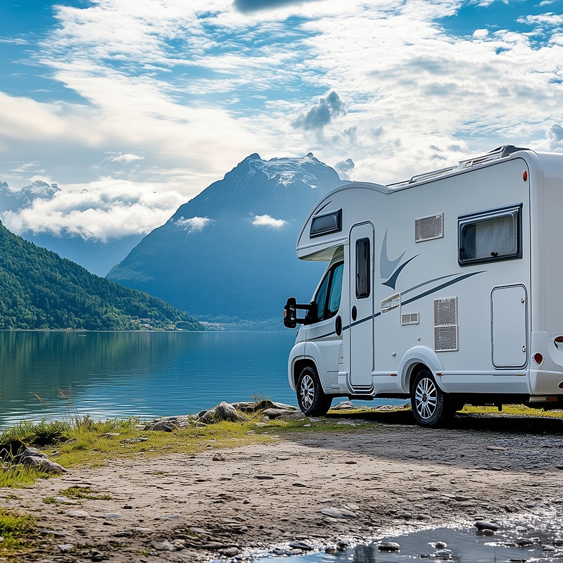 Camping-car blanc stationné au bord d'un lac bleu aux eaux calmes, avec une montagne enneigée en arrière-plan sous un ciel nuageux.