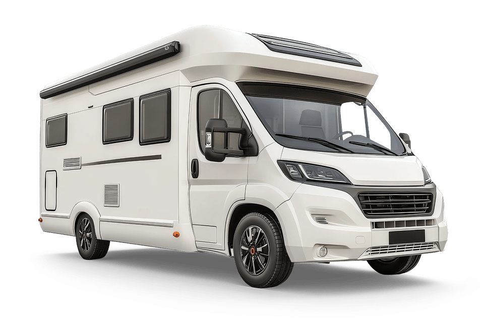 Camping-Car Profilé Blanc Neuf : Aventure et Confort Camping-car profilé blanc moderne avec auvent rétractable, vue latérale avant, isolé sur fond noir.